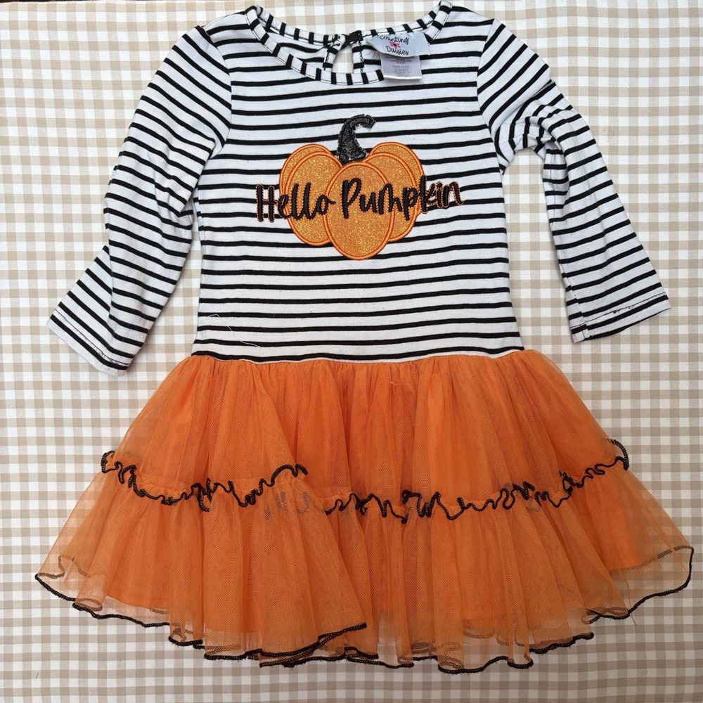 Counting Daisies Girls Hello Pumpkin Halloween Tutu Dress Orange Striped 3T